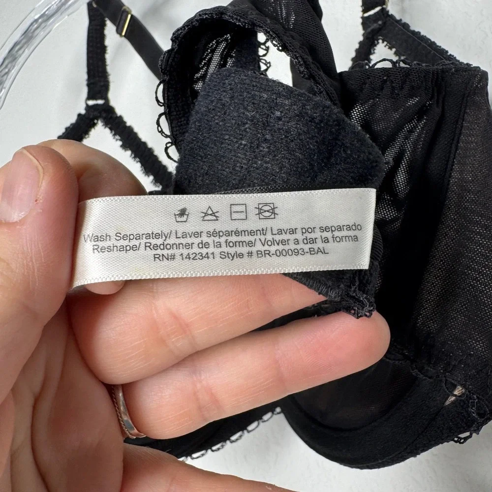 Adore Me Kimmy Black Push Up Lace Cage Balconette Bra 36C Underwire Strappy